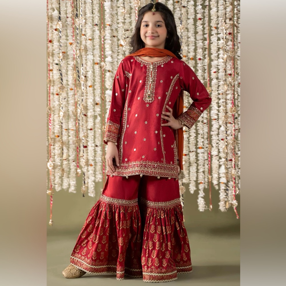 Maria B 3 Piece Embroidered Raw Silk Suit kids 4-6 size